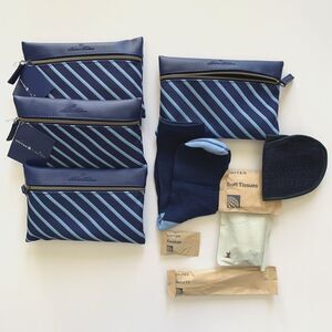4 United Airlines Brooks Brothers Amenity Travel Kit Blue Stripe Pouch Perricone
